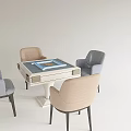 Modern Entertainment Table with Gray and Beige Chairs and Blue Board Game in Minimalist Room