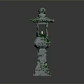 Traditional Japanese Stone Lantern Covered In Green Moss With Classic Structure