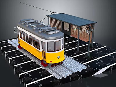 Yellow Classic Tram Parked on Tracks at Station Platform With Covered Shelter 3d model