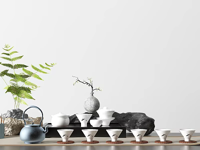 Natural Simple Tea Set Display With Teapot Tea Cups Green Plants And Stone Decorations 3d model