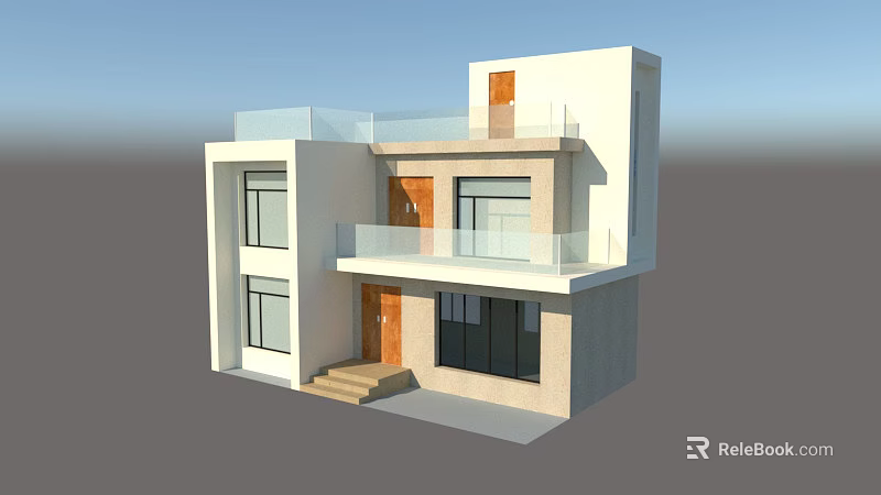 Modern Detached Villa with Two Story Wooden Door Steps Large Windows Balcony Glass Railing Exterior 3d model 