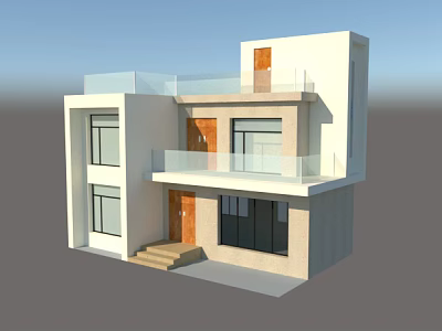Modern Detached Villa with Two Story Wooden Door Steps Large Windows Balcony Glass Railing Exterior 3d model