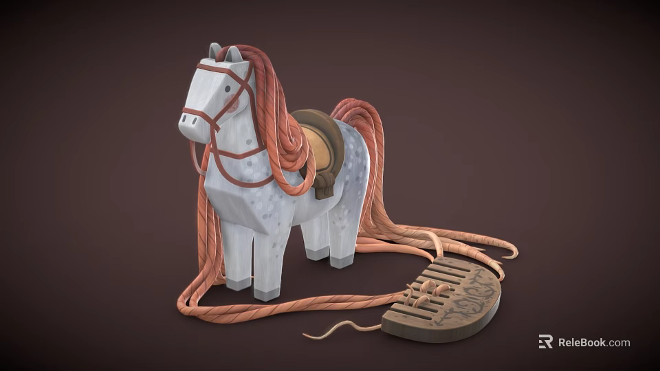 Wooden White Toy Horse with Red Mane Tail Brown Saddle Wooden Reins and Decorative Details 3d model 