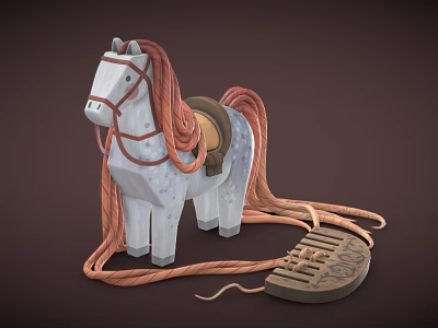 Wooden White Toy Horse with Red Mane Tail Brown Saddle Wooden Reins and Decorative Details 3d model