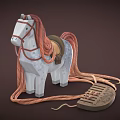 Wooden White Toy Horse with Red Mane Tail Brown Saddle Wooden Reins and Decorative Details