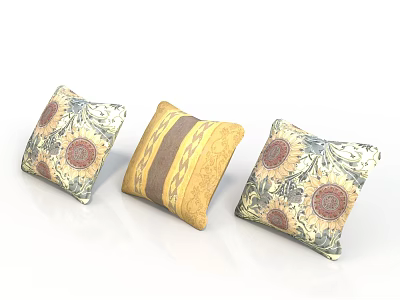 Decorative Home Pillows With Sunflower Patterns And Striped Design In Yellow Beige Tones 3d model