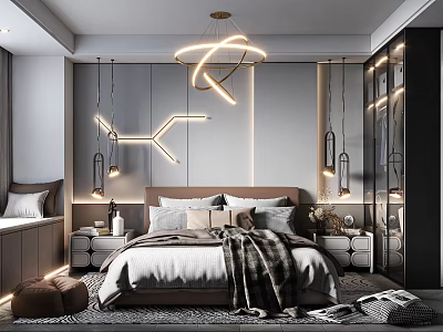 Modern Bedroom Interior Design With Bed Bedside Tables Hanging Lamps Wall Lights And Soft Rug 3d model