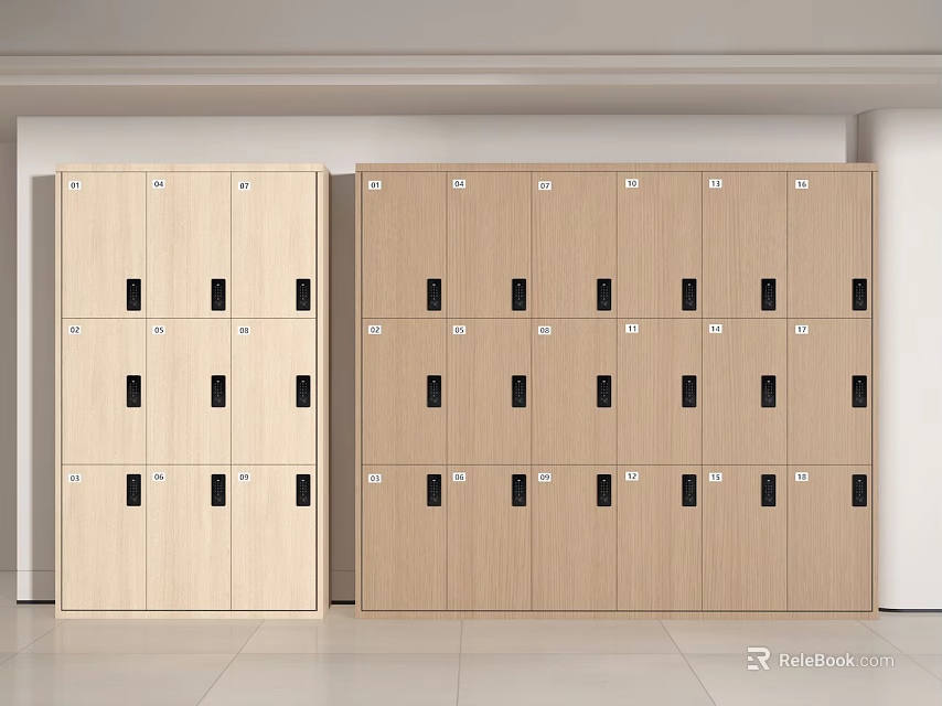Double Row Wooden Storage Lockers With Multiple Compartments And Black Handles 3d model