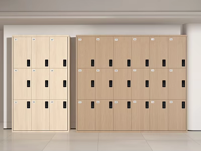 Double Row Wooden Storage Lockers With Multiple Compartments And Black Handles 3d model