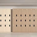 Double Row Wooden Storage Lockers With Multiple Compartments And Black Handles 3d model