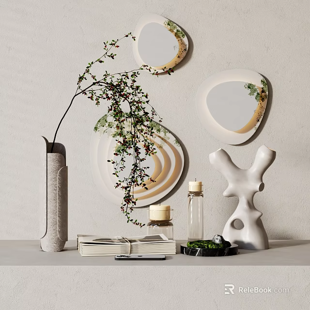 Elegant Decorative Ornament Set With Vase Green Plant Branch Round Mirrors Candles And Abstract Sculpture 3d model 