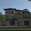 Modern Two Story Detached Villa With Large Glass Windows Balcony Garage And Green Yard