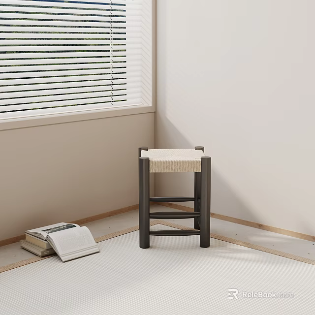 Minimalist Wooden Side Table With Woven Top In Corner By Window And Books 3d model 