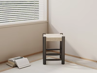 Minimalist Wooden Side Table With Woven Top In Corner By Window And Books 3d model