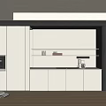 Modern Kitchen Sideboard With White Cabinets Open Shelves Warm Lighting And Coffee Machine