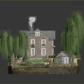 Charming Floating Island Landscape with Cozy House Willow Trees Small Pond Pathway and Decorations