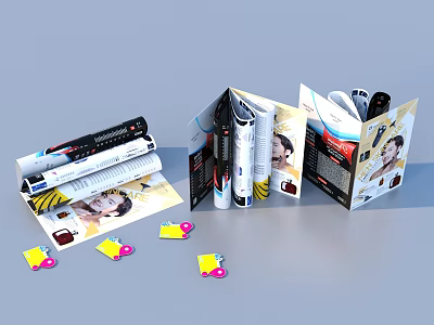 Open Books Magazines With Different Folding Styles And Colorful Stickers 3d model