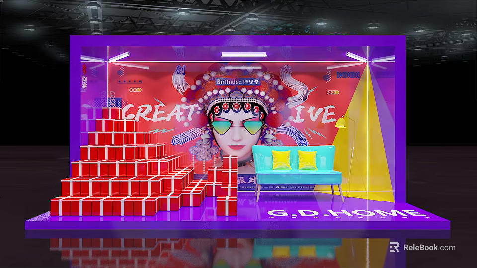 Purple Exhibition Booth With Red Blocks Female Figure In Sunglasses Blue Sofa And Yellow Cushions 3d model 