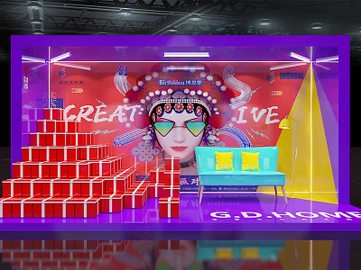 Purple Exhibition Booth With Red Blocks Female Figure In Sunglasses Blue Sofa And Yellow Cushions 3d model