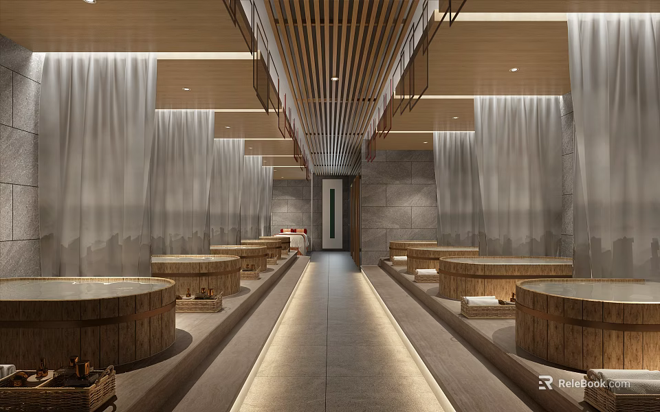 SPA Sauna Modern Interior With Wooden Barrels Steam Seats And Ambient Lighting 3d model 