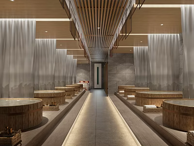 SPA Sauna Modern Interior With Wooden Barrels Steam Seats And Ambient Lighting 3d model
