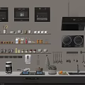 Essential Kitchenware Collection In Modern Organized Kitchen With Hanging Racks Cabinets And Countertop Appliances