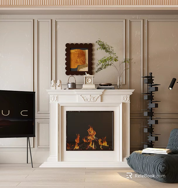 White Carved Fireplace With Flames And Decor In Living Room 3d model 