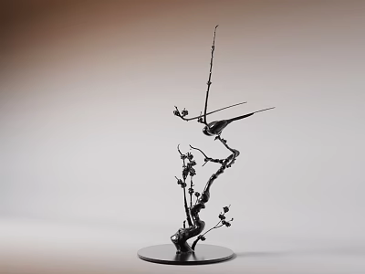 Metal Sculpture Carving With Two Birds On Branches Buds And Black Round Base 3d model