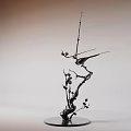 Metal Sculpture Carving With Two Birds On Branches Buds And Black Round Base