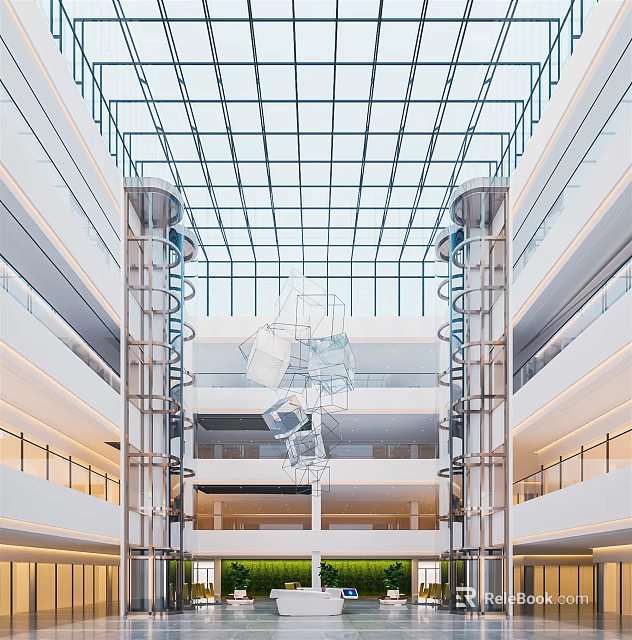 Modern Mall Lobby With Glass Ceiling And Escalators On Multiple Floors 3d model