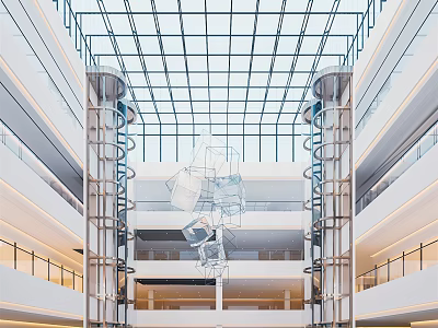 Modern Mall Lobby With Glass Ceiling And Escalators On Multiple Floors 3d model