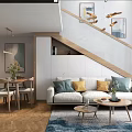 Modern Apartment Living Room With Sofa Pillows Coffee Table Green Plants Open Kitchen Wooden Flooring
