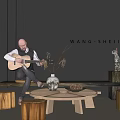 Indoor Scene With Man Playing Guitar Gray Wall Wooden Coffee Table And Decorations