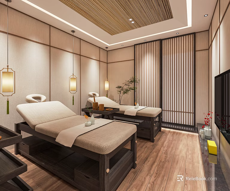 Relaxing SPA Sauna Room Interior With Wooden Massage Beds Warm Lighting And Japanese Style 3d model 