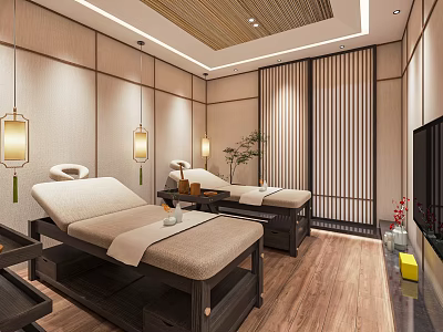 Relaxing SPA Sauna Room Interior With Wooden Massage Beds Warm Lighting And Japanese Style 3d model