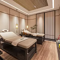 Relaxing SPA Sauna Room Interior With Wooden Massage Beds Warm Lighting And Japanese Style