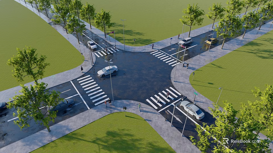 Road Infrastructure with Crosswalks Street Lamps Vehicles and Green Trees at Intersection 3d model 