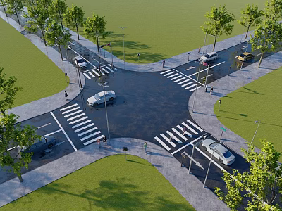 Road Infrastructure with Crosswalks Street Lamps Vehicles and Green Trees at Intersection 3d model