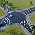 Road Infrastructure with Crosswalks Street Lamps Vehicles and Green Trees at Intersection