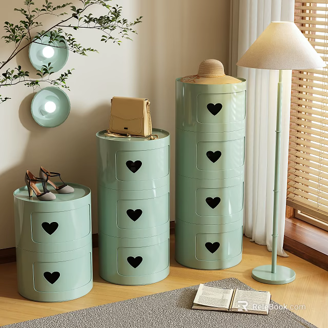 Light Green Storage Cabinet Shelves With Heart Shaped Cutouts And Handbag Shoes Near Floor Lamp 3d model 