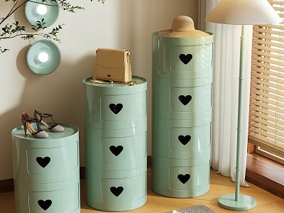 Light Green Storage Cabinet Shelves With Heart Shaped Cutouts And Handbag Shoes Near Floor Lamp 3d model
