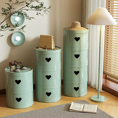Light Green Storage Cabinet Shelves With Heart Shaped Cutouts And Handbag Shoes Near Floor Lamp 3d model