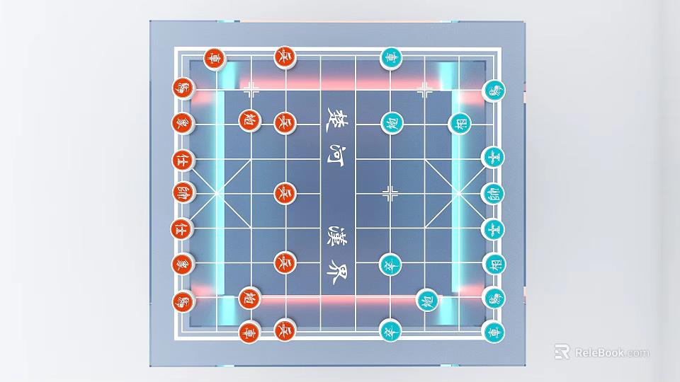 Chinese Chess Entertainment with Chu River Han Border Chessboard Red Blue Pieces and Chinese Characters 3d model 