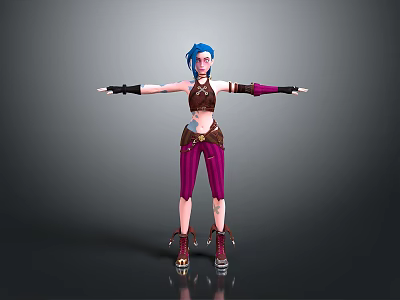 3D Anime Character With Blue Hair Brown Top Purple Pants And Arm Wraps Standing Pose 3d model