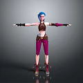 3D Anime Character With Blue Hair Brown Top Purple Pants And Arm Wraps Standing Pose