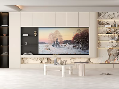 Modern TV Wall Design With White Panels Open Shelves And Natural Landscape Artwork 3d model
