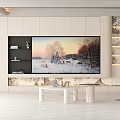 Modern TV Wall Design With White Panels Open Shelves And Natural Landscape Artwork