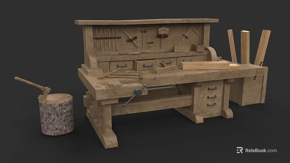 Sturdy Rustic Wooden Functional Workbench With Tools Drawers And Wooden Planks 3d model 
