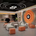 Modern Billiard Room With Black Eight Ball Pool Tables And Orange Seats