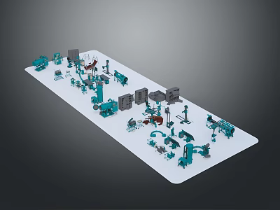 Detailed Blue And Gray Mechanical Parts Models Arranged On White Platform 3d model